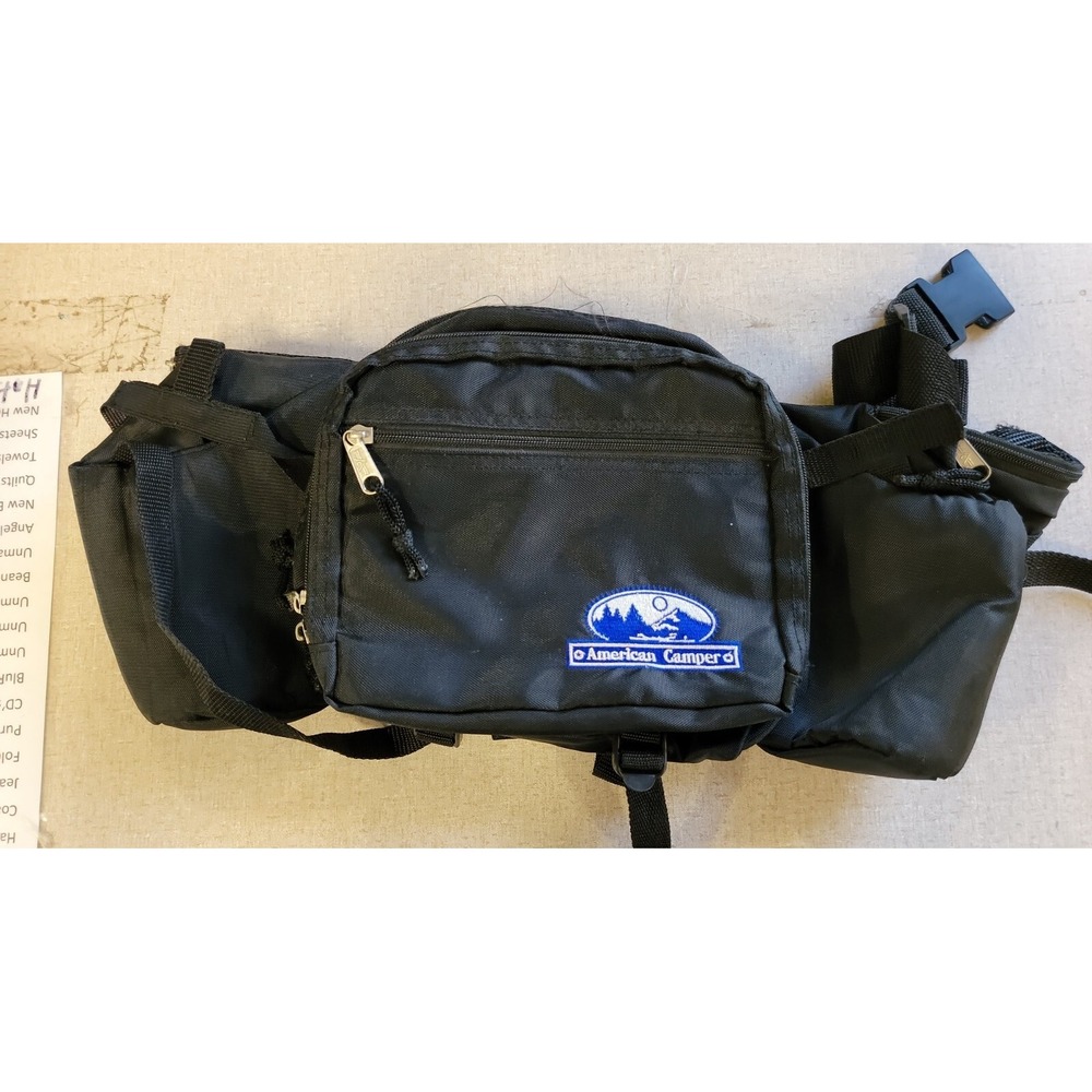 Vintage ~ American Camper ~ Black Nylon Fanny Pack Waist Bag Sport 2 bottle 9205
